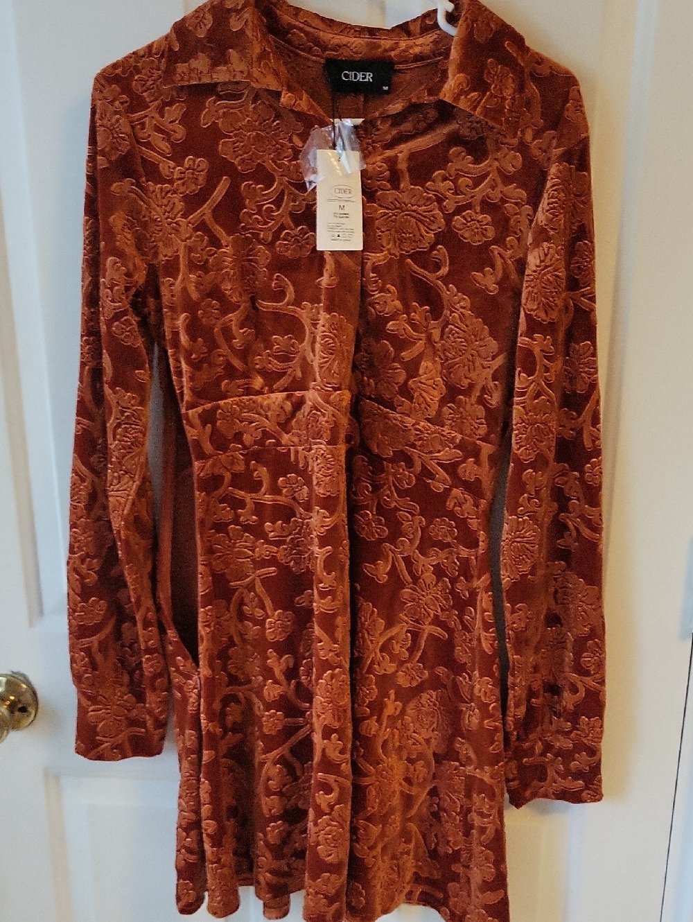 Cider Burnt Orange Floral Velvet Long Sleeve Dress